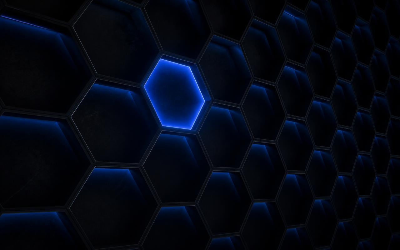 Grid of dark hexagonal cells with one lit in cobalt